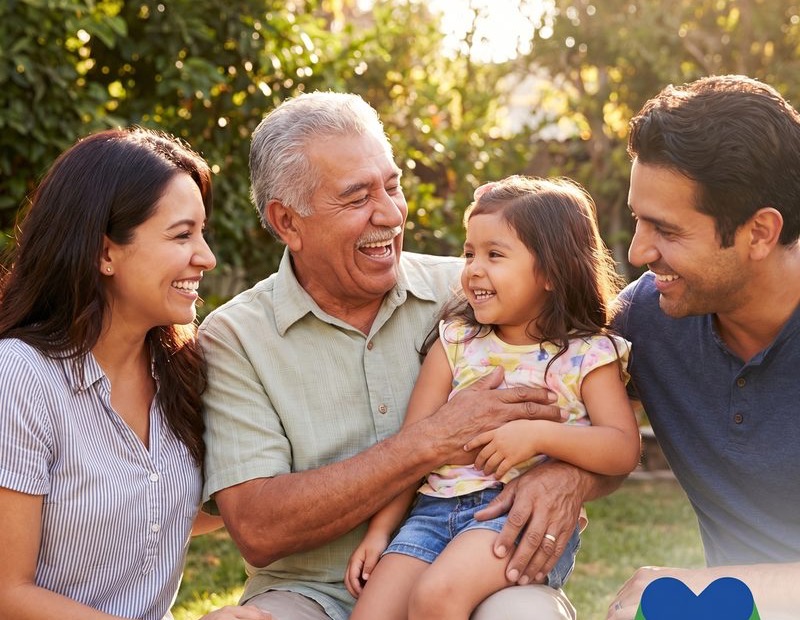 Three generations of a family laughing together outdoors